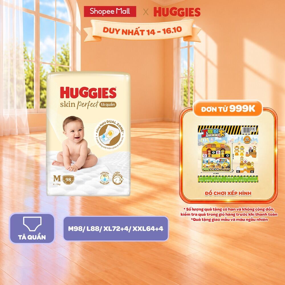 Tã/Bỉm quần Huggies Skin Perfect Mega Jumbo cỡ M/L/XL/XXL với 2 vùng thấm giảm…