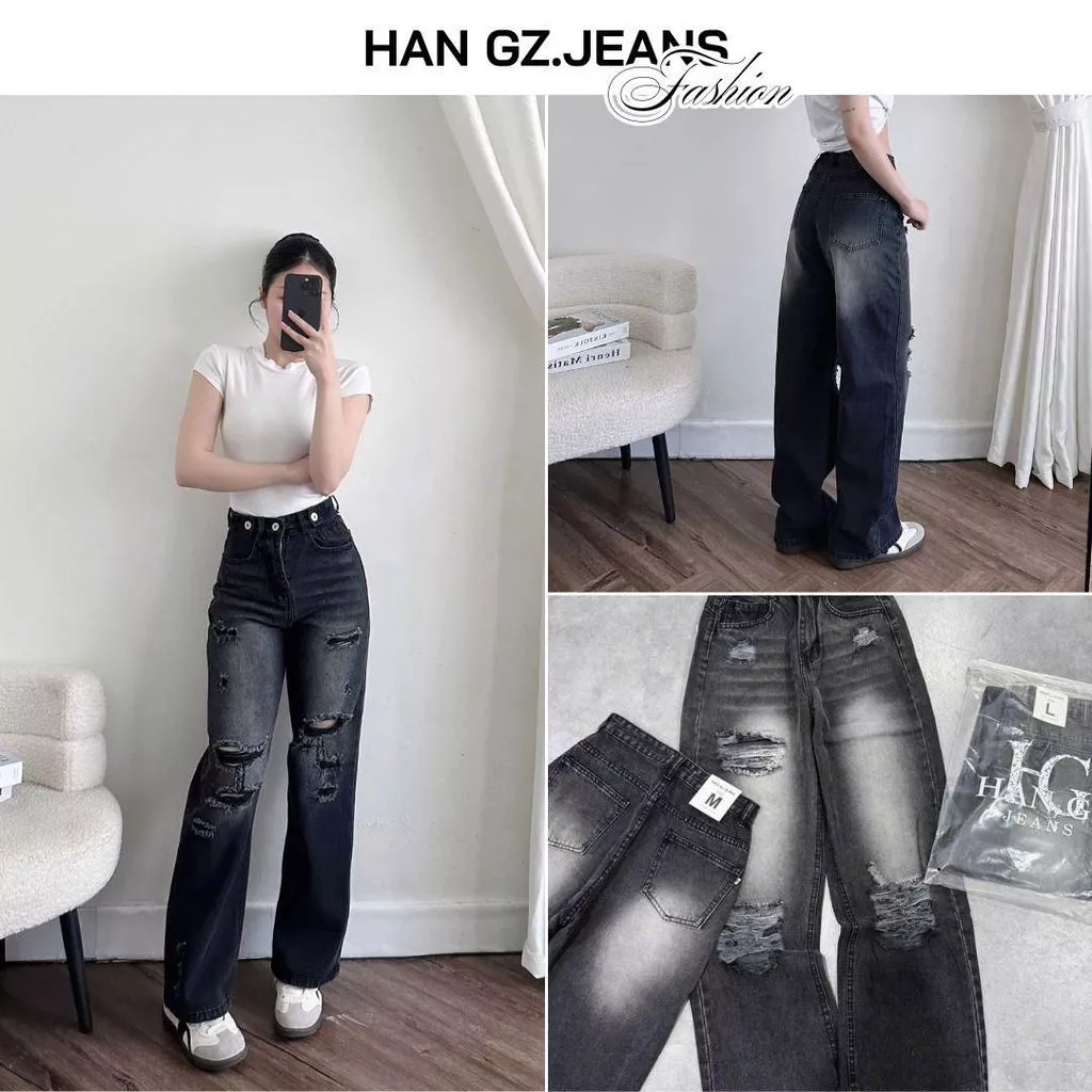 Quần Jean Nữ HAN.Gz Rách Cá Tính R015 Chất Liệu Jean Cotton Cao Cấp Không Co Giãn Bền Màu Thời Trang