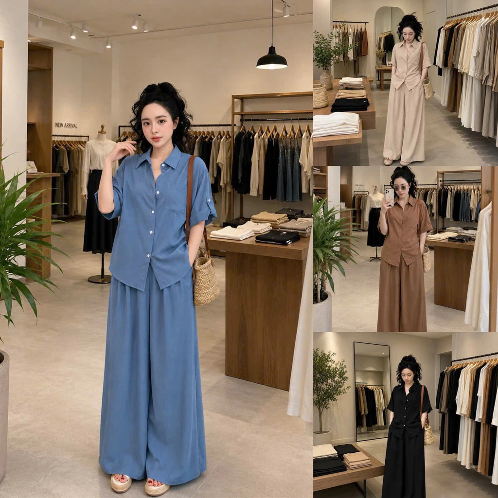 Set Bộ Nữ Dài Suông Kèm Áo Sơ Mi Thiết Kế Basic Dễ Mặt Thời Trang THOITRANGNAM1986