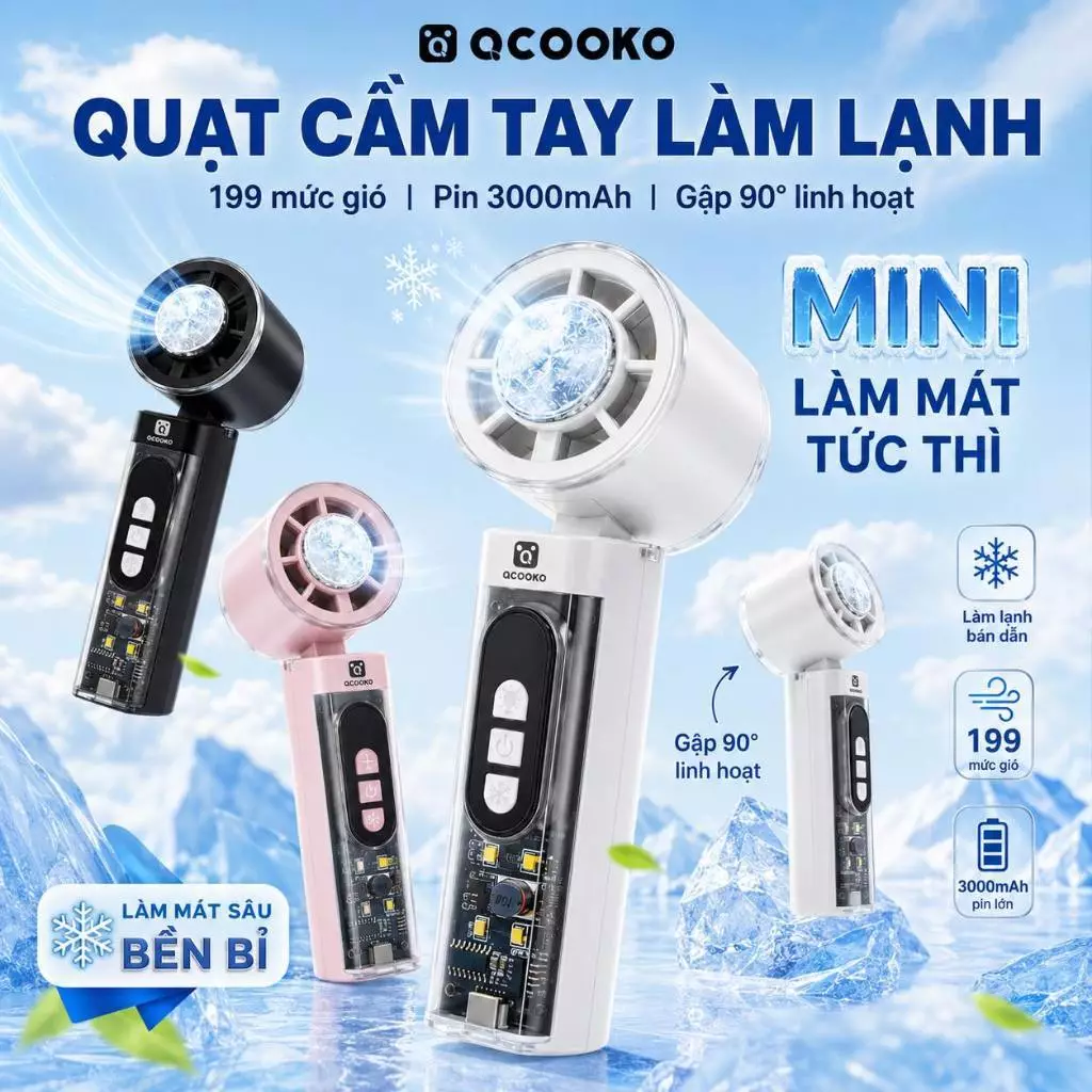 Quạt Turbo Cầm Tay Mini Cực Mát Bán Dẫn QCOOKO 199 tốc độ Tốc Độ Cao Pin Khoẻ Thiết Kế Trong Suốt Có Hiển Thị Nhiệt Độ
