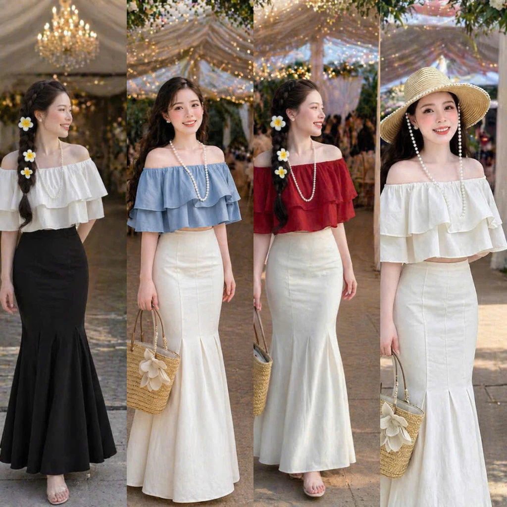 (MAY KỸ )Set Áo Trễ Vai Bèo 2 Tầng + Chân Váy Đuôi Cá Dài Dáng Ôm LANO STORE