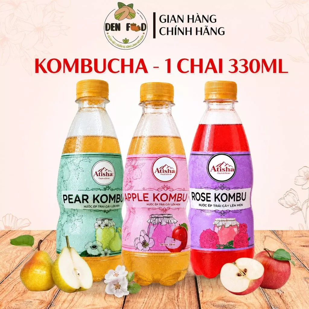 Kombucha Atisha 330ml – Apple, Pear, Rose – Trà Lên Men Hương Trái Cây Tự Nhiên – Ăn Vặt Denfood