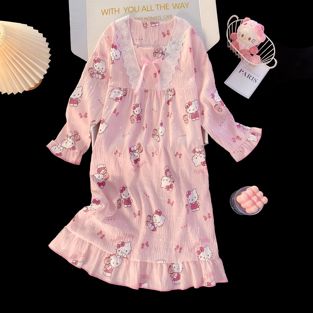 Bé Gái Mây Cotton Dài Váy Ngủ Mới Xuân Thu Ngọt Ngào Ren Viền Họ Phù Hợp Với Loungewear