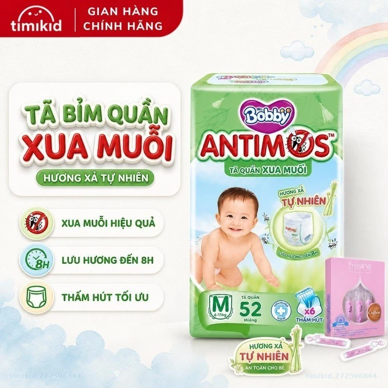 Tã bỉm quần Bobby ANTIMOS xua muỗi hương xả tự nhiên, lưu hương đến 8H