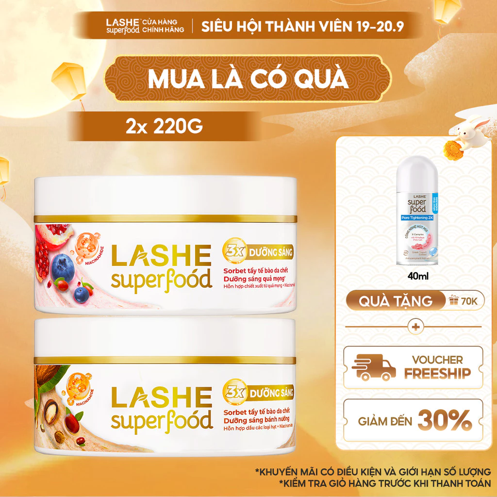 Combo 2 Kem Tuyết Tẩy Tế Bào Chết LASHE SUPERFOOD Dưỡng Sáng Da Hương Quả Mọng/ Hương Bánh Nướng 220Gx2