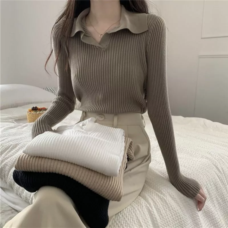 Áo len tay dài cổ polo thiết kế thời trang nữ phong cách Hàn Quốc màu kem đen trắng xanh ngọc dịu dàng thoải mái form