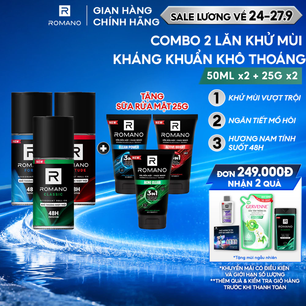 [Tặng Sữa rửa mặt 25g] Combo 2 Lăn khử mùi Romano Khử mùi vượt trội, Hương nam tính suốt 48H ( 50ml x 2 )