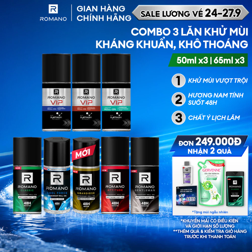 Combo 3 Lăn khử mùi Romano Khử mùi vượt trội, Hương nam tính suốt 48H ( 50ml x 3 )
