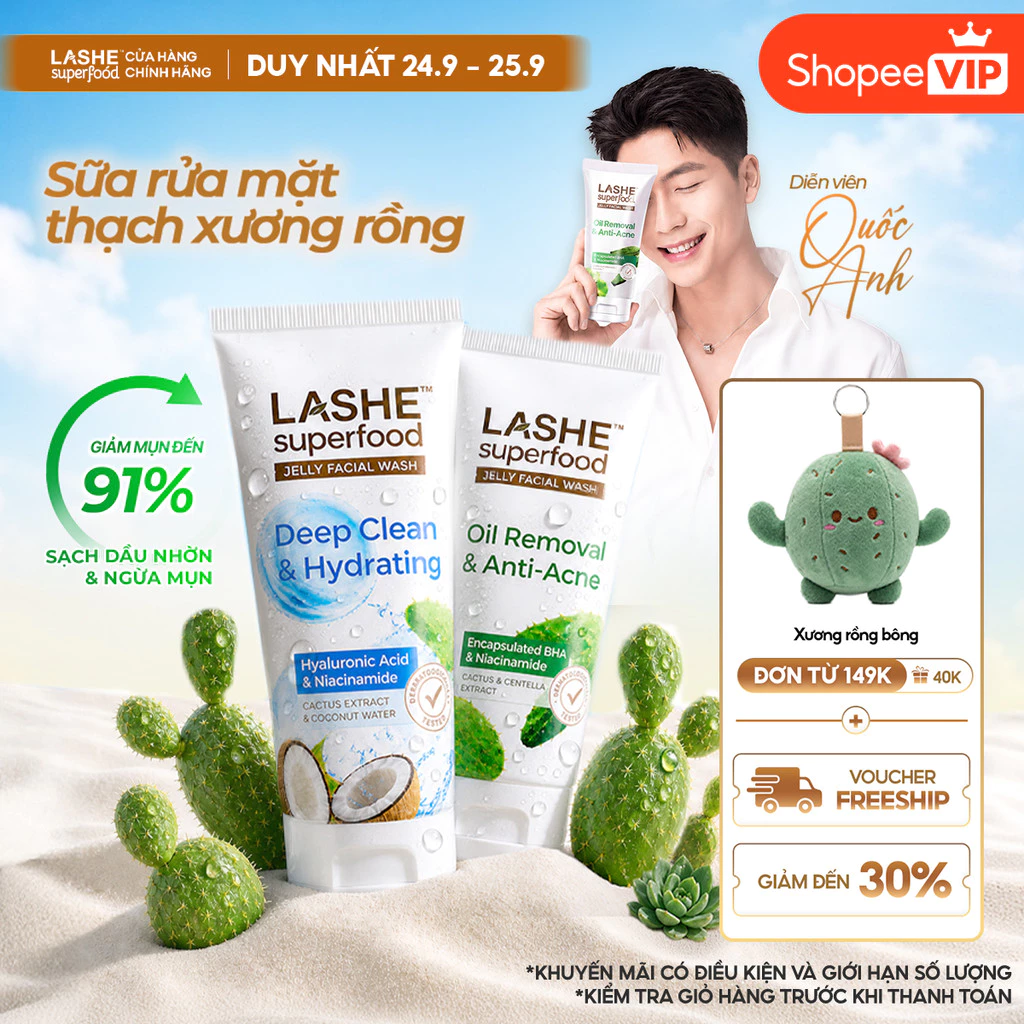 [SVIP] [MỚI] Sữa Rửa Mặt LASHE SUPERFOOD Sạch Sâu, Dưỡng Ẩm Cho Da Khô & Da Nhạy Cảm/Sạch Sâu, Giảm Mụn Cho Da Dầu 120G