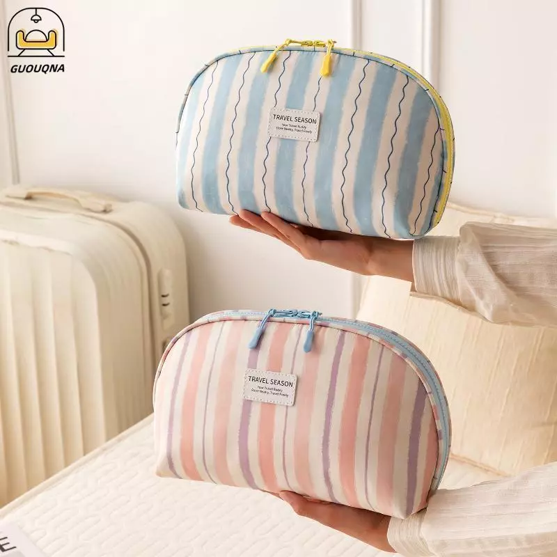 GUOUQNA Túi đựng đồ lót di động Dung tích lớn In sọc Dây kéo bền cho nữ Du lịch Sử dụng hàng ngày