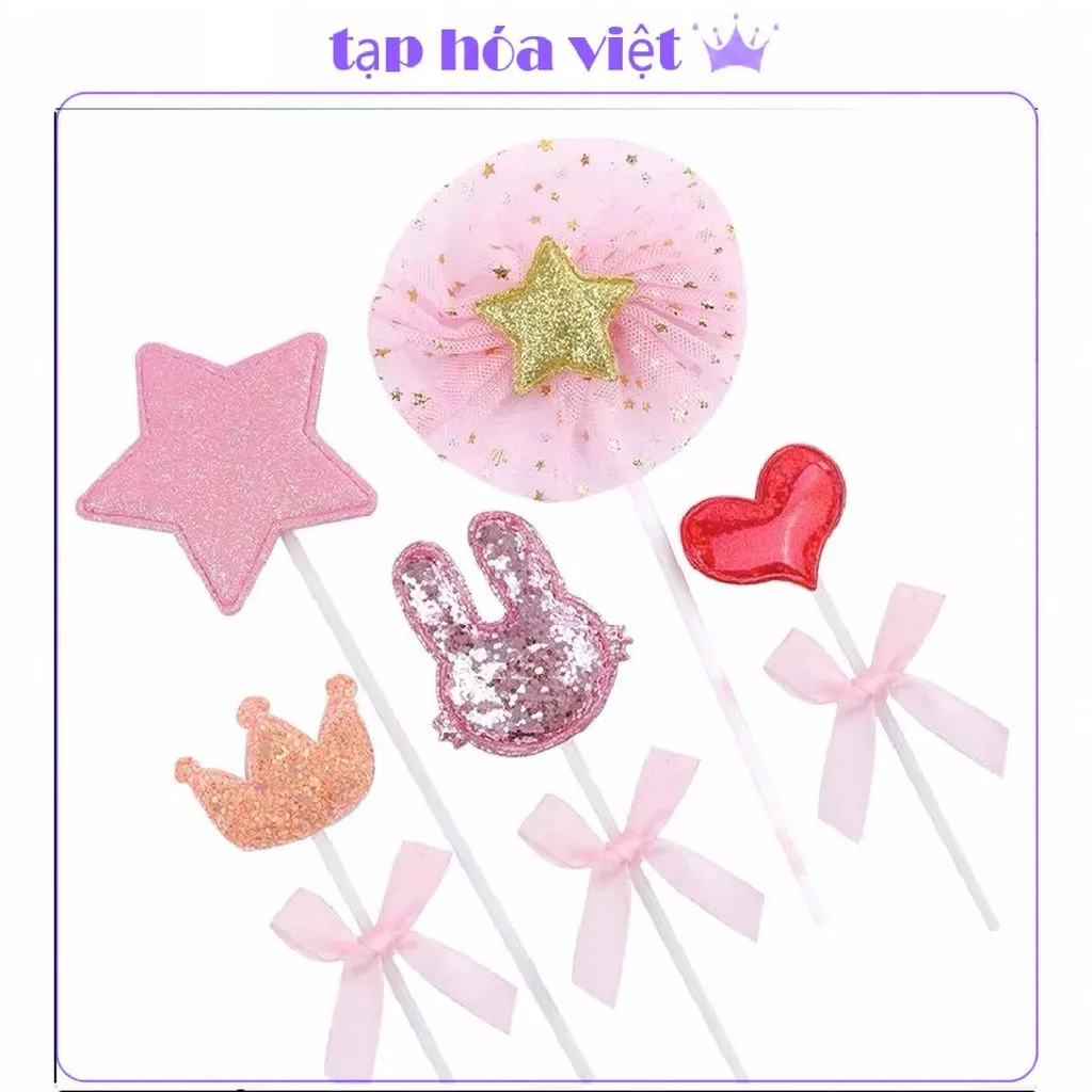 (5 SET) CẮM TAI THỎ VƯƠNG MIỆN tim sao trang trí bánh sinh nhật, topper cake
