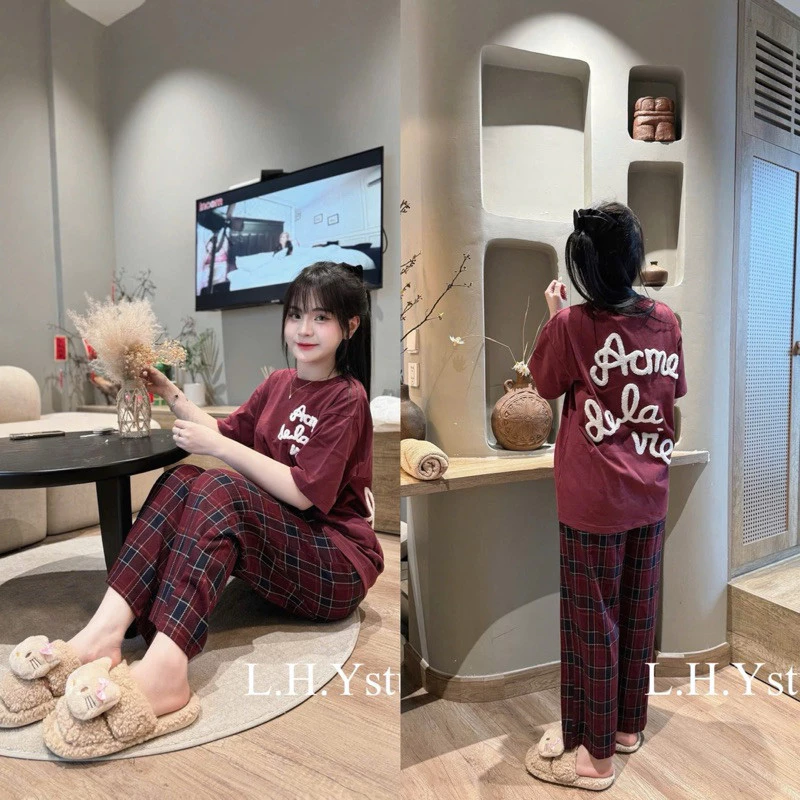 Sét bộ áo chữ thụng ép xù nổi mix quần kẻ dạ xuông về siêu đẹp Áo thun ct 2c quần mì dạ Hàng kỹ