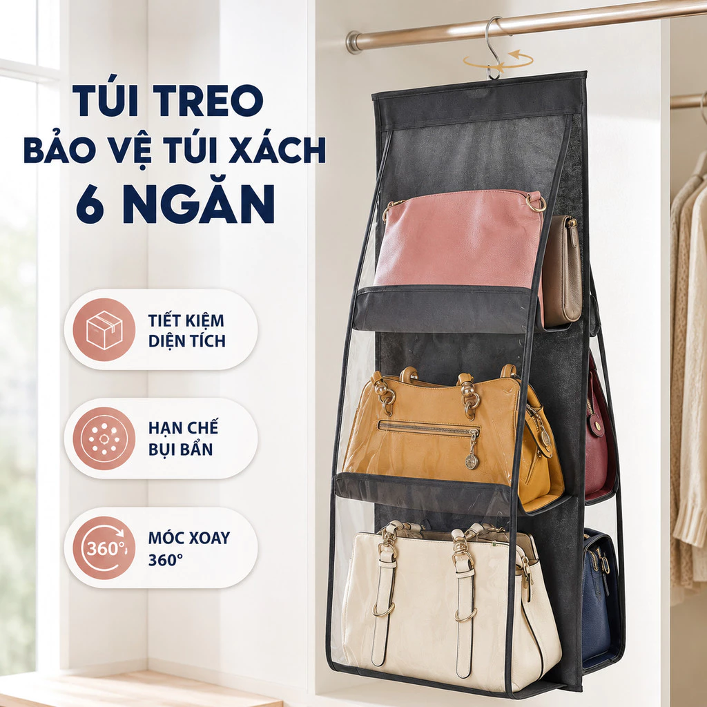 Túi Treo Bảo Vệ Túi Xách 6 Ngăn 90x35cm, Có Móc Xoay 360 Độ Chống Bụi Tiết Kiệm Không Gian