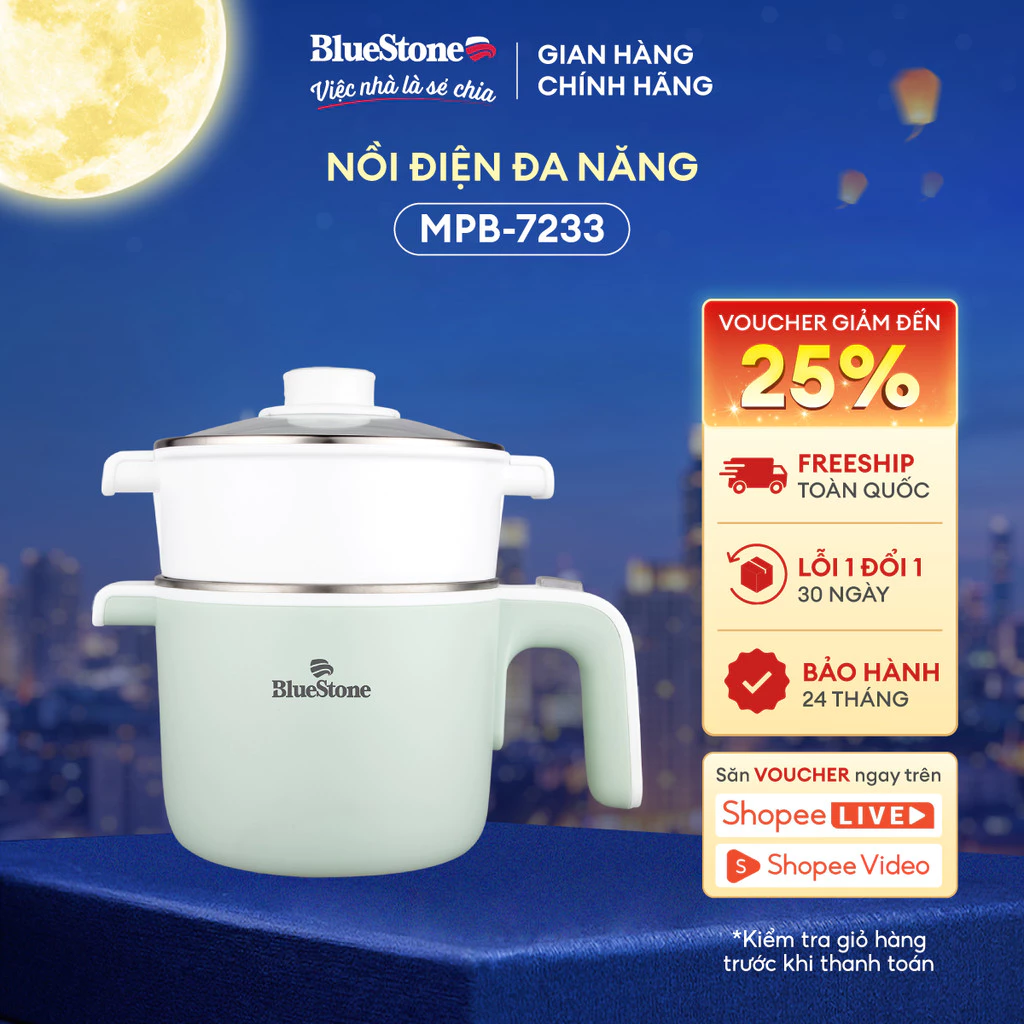 [LIVE] Nồi Điện Đa Năng BlueStone MPB-7233 - 600-720W - Lòng Nồi INOX 304 - BH 2 năm