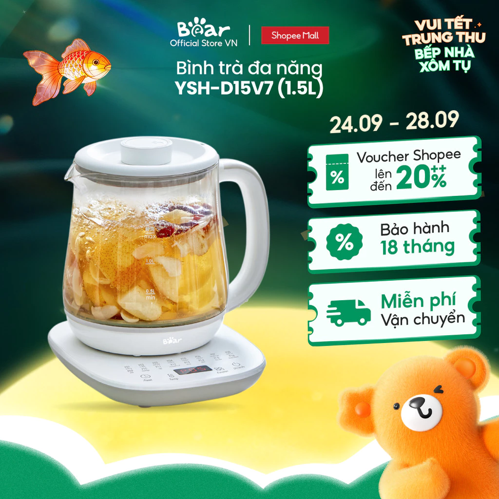 (Livestream) Ấm đun nước đa năng 1.5L Bear YSH-D15V7 - Hàng Chính Hãng