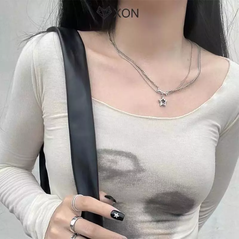 [XON] Mặt dây chuyền xương ngôi sao hai lớp thời trang Nelace Girls Punk Hip Hop Phong cách Hàn Quốc Nelace dành cho nữ Quà tặng trang sức hợp thời trang cổ điển [Mina]