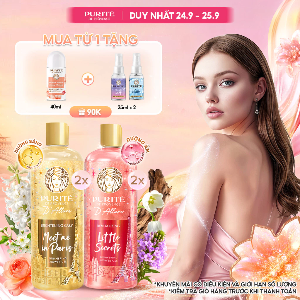 [MỚI] Combo 2 Sữa Tắm Nhũ Hương Nước Hoa Purité D'Allure 500MLx2 Dưỡng Sáng Meet Me In Paris / Tươi Mới Little Secrets