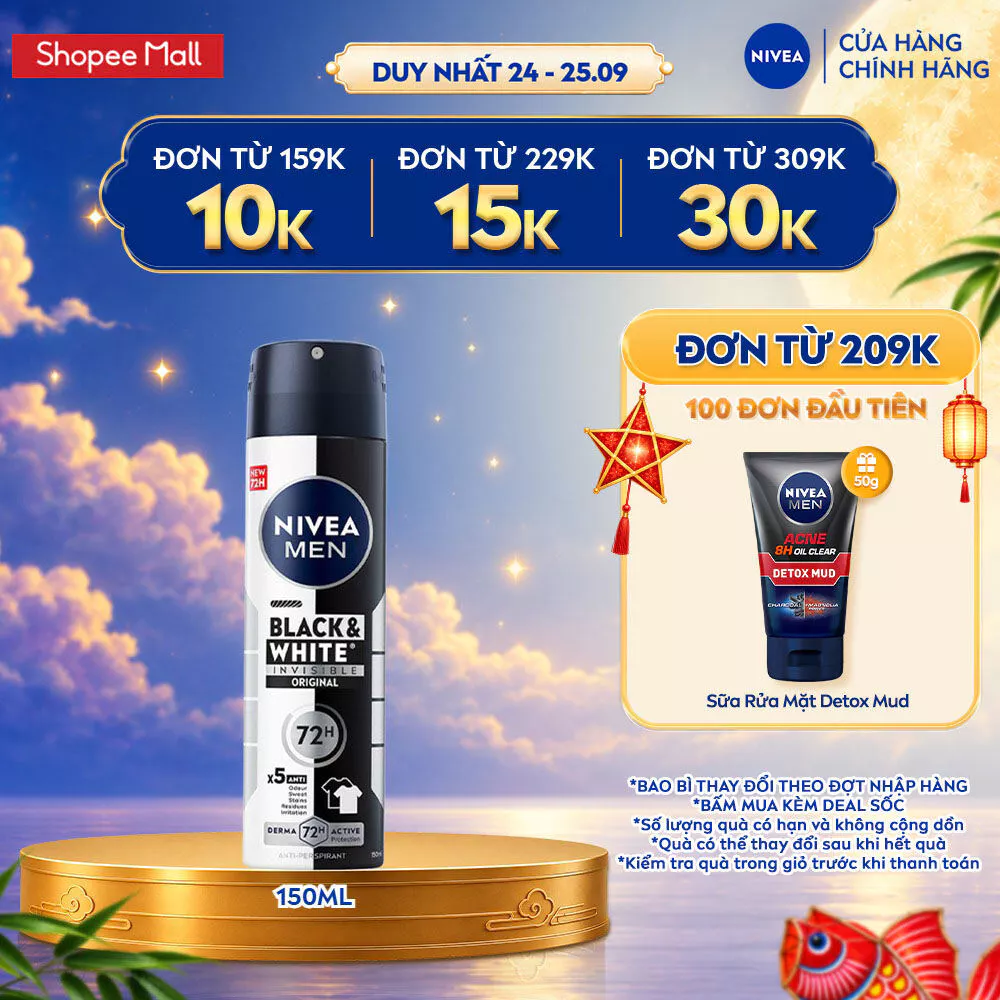 Xịt Ngăn Mùi NIVEA MEN Black&White Ngăn Vệt Ố Vàng Vượt Trội | Hương Mạnh Mẽ 150ml / Xịt Khử Mùi Nam - 85388