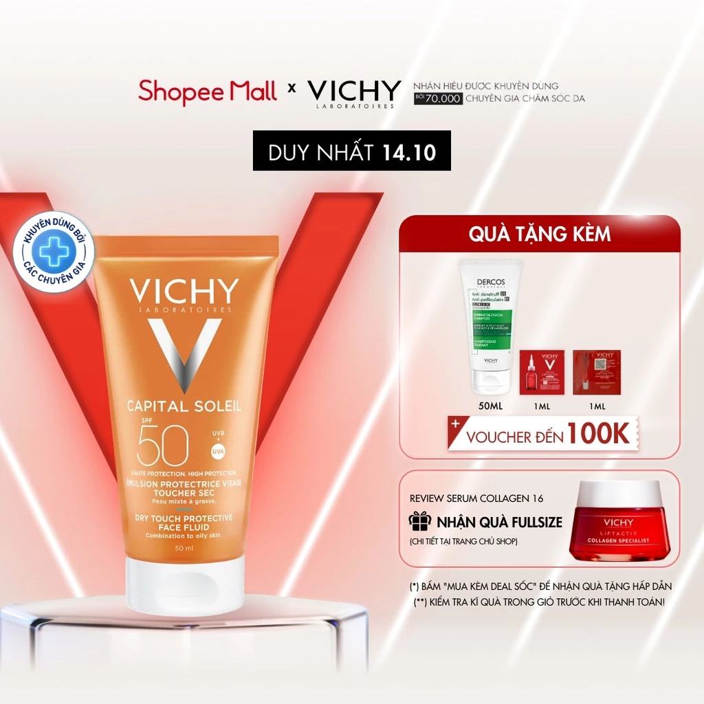 Kem chống nắng không nhờn rít SPF 50 UVA +UVB Vichy Capital Soleil Mattifying Dry Touch Face Fluid