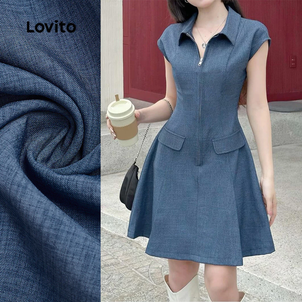 Lovito Trang phục váy denim casual có khoá kéo, túi giả, phù hợp mùa xuân hè, màu xanh denim cho nữ L142LD240