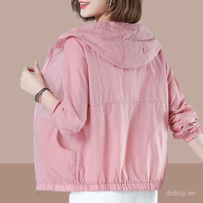 Áo khoác chống nắng có mũ trùm đầu nhẹ dành cho nữ Loose Zip Up Co giãn viền áo gió mỏng