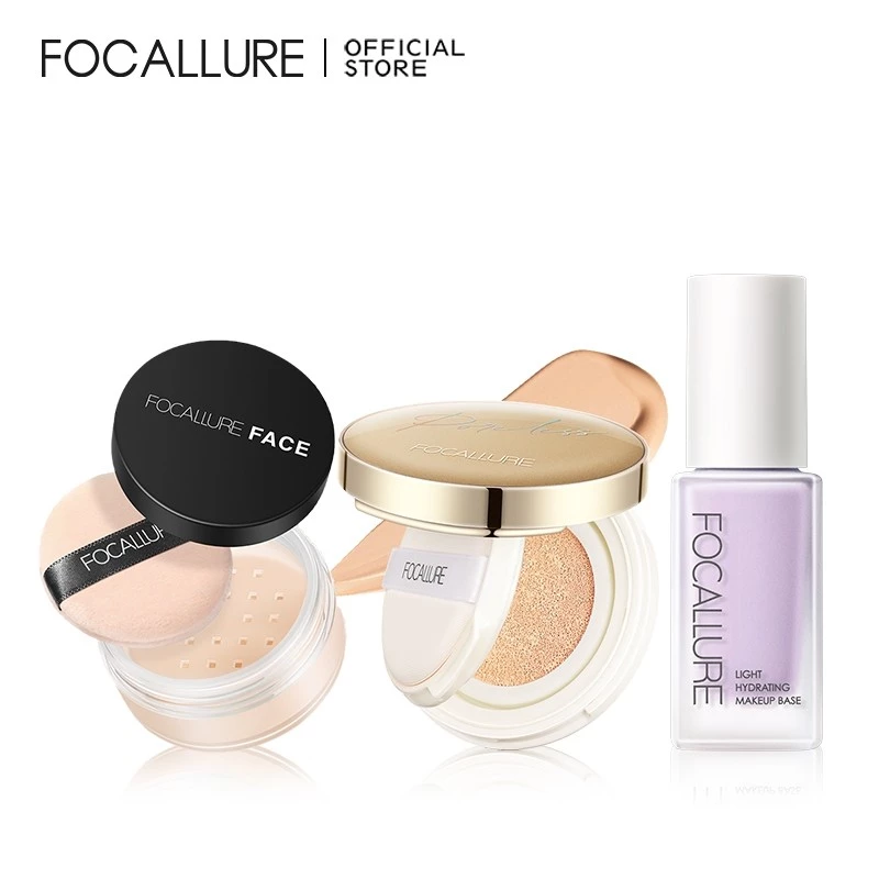 Combo FOCALLURE 3 Bột làm sáng da + Kem nền đệm + Lỗ chân lông che khuyết điểm dạng bột lỏng
