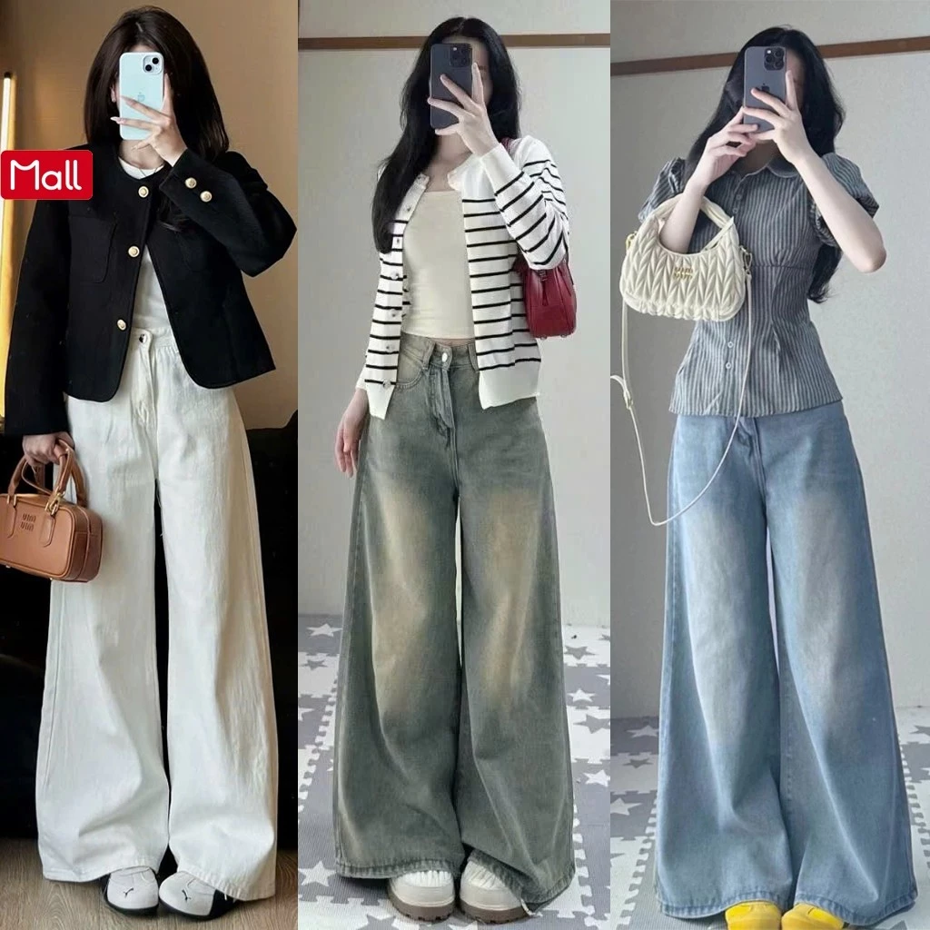 Quần Jean Ống Rộng Nữ Cạp Cao 35-37CM LC LUCY MALL Wide Leg Denim Vintage Không Co Giãn Y2K Hàn Quốc