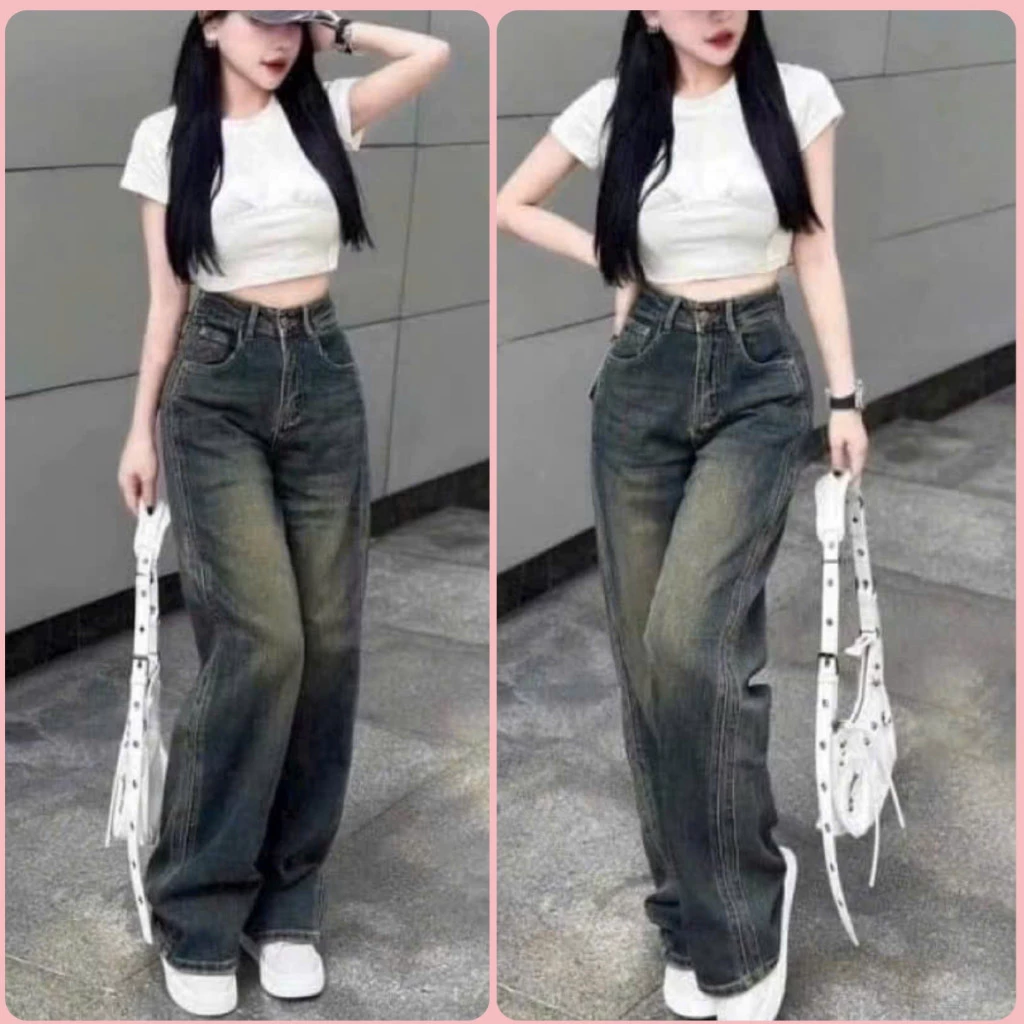 Quần jeans nữ ống suông chắp viền cao cấp cạp cao, quần bò nữ suông màu xanh bụi phong cách hàn quốc