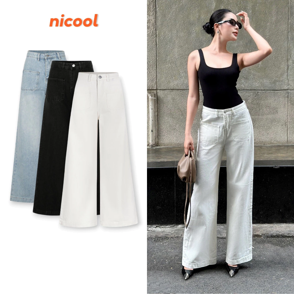 Quần jeans nữ NICOOL dáng suông dài ống loe rộng lưng cao màu trắng basic sang trọng N41-Q54