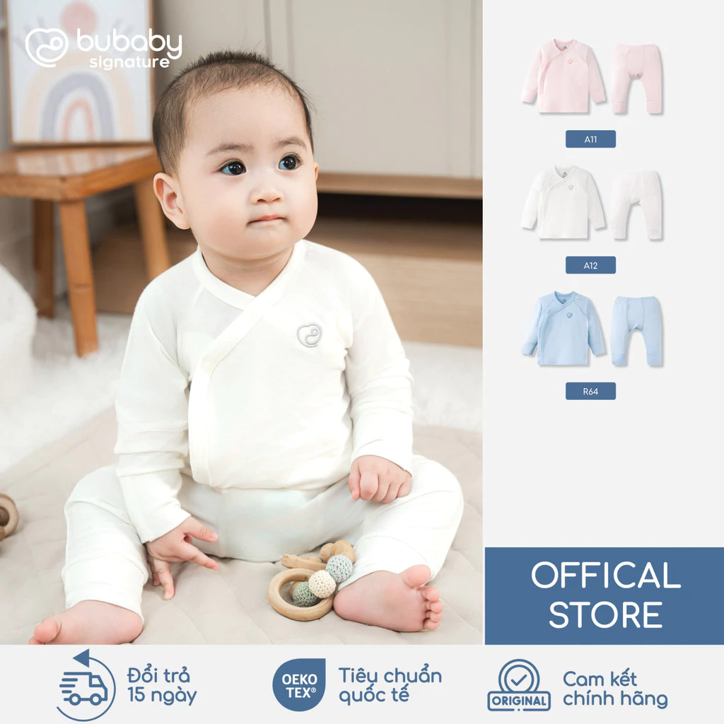 Bộ quần áo dài tay cài chéo Bambus BU Baby, bộ dài tay sơ sinh, bộ dài tay cho bé trai gái | SBB110804