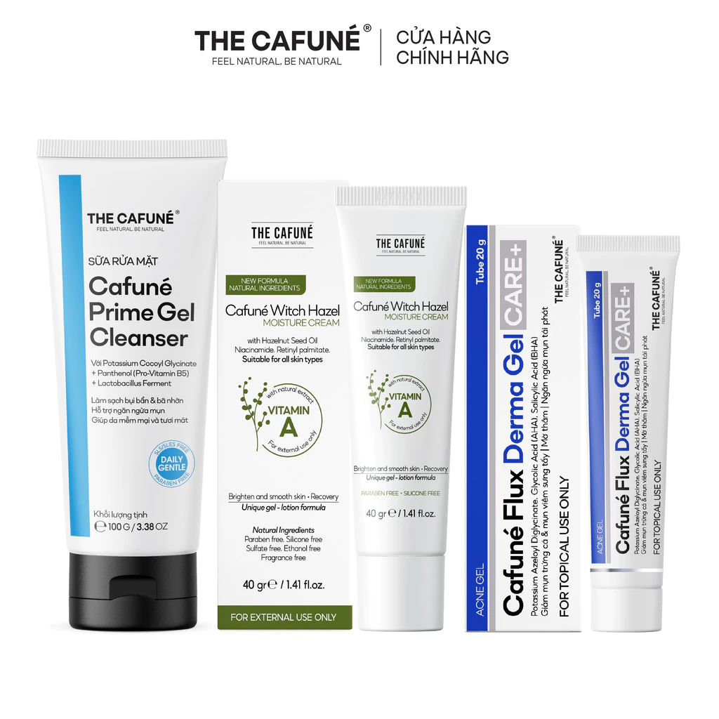 [COMBO GIẢM 43%] Combo 3 Bước Chăm Sóc Da Mụn Cafuné: Rửa Mặt Prime + Gel Mụn Flux Derma + Kem Dưỡng Ẩm