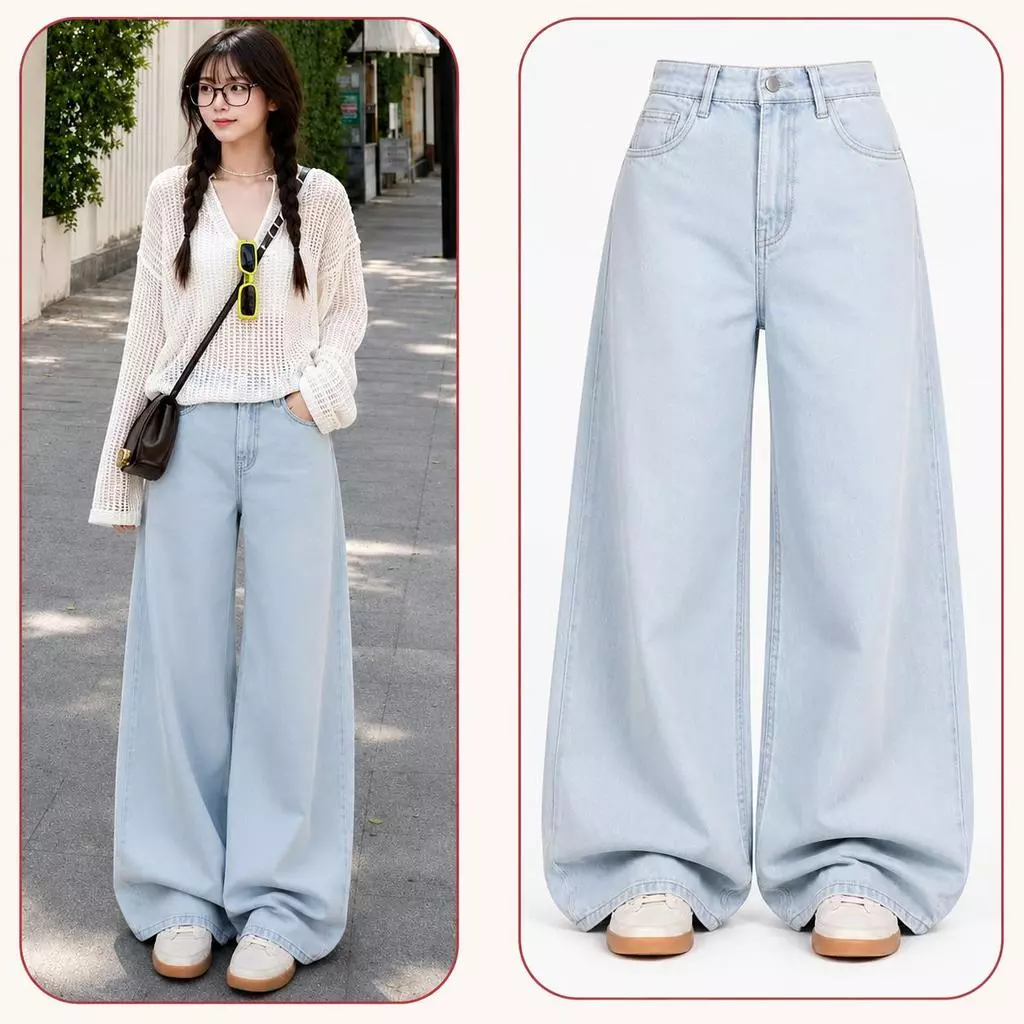 [Ống 30cm]Quần Jeans Nữ Ống Rộng Cạp Cao Xanh Nhạt Wash Ống 30-34cm Cao Cấp Form Suông Dài Che Khuyết Điểm Ligci