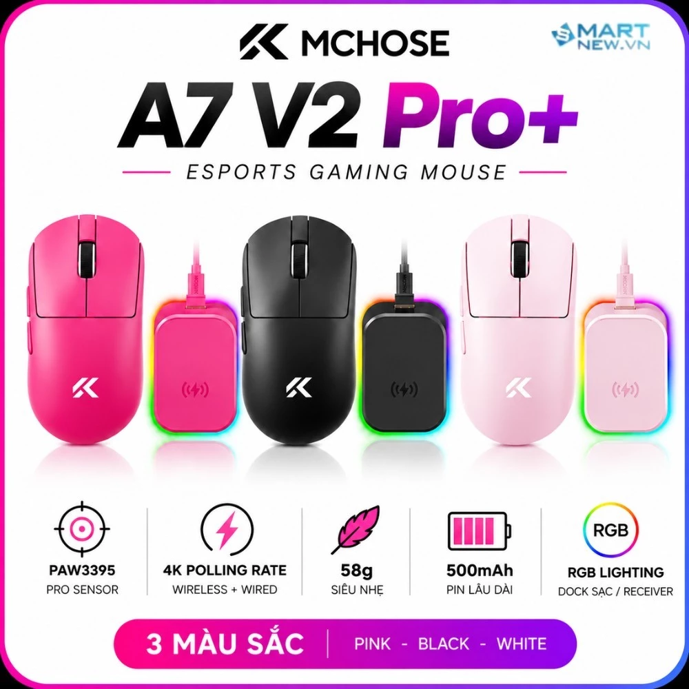 Chuột Gaming MCHOSE A7 V2 Pro Plus Không Dây - PAW3395, 3 mode, Dock Sạc RGB, Pin 500mAh