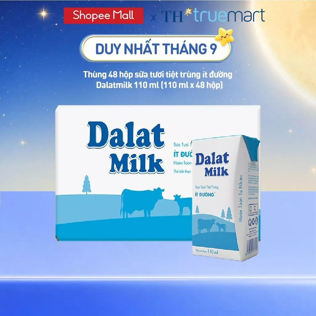 [Freeship HCM, HN, ĐN] Thùng 48 hộp sữa tươi tiệt trùng Dalatmilk ít đường 110 ml (110 ml x 48)