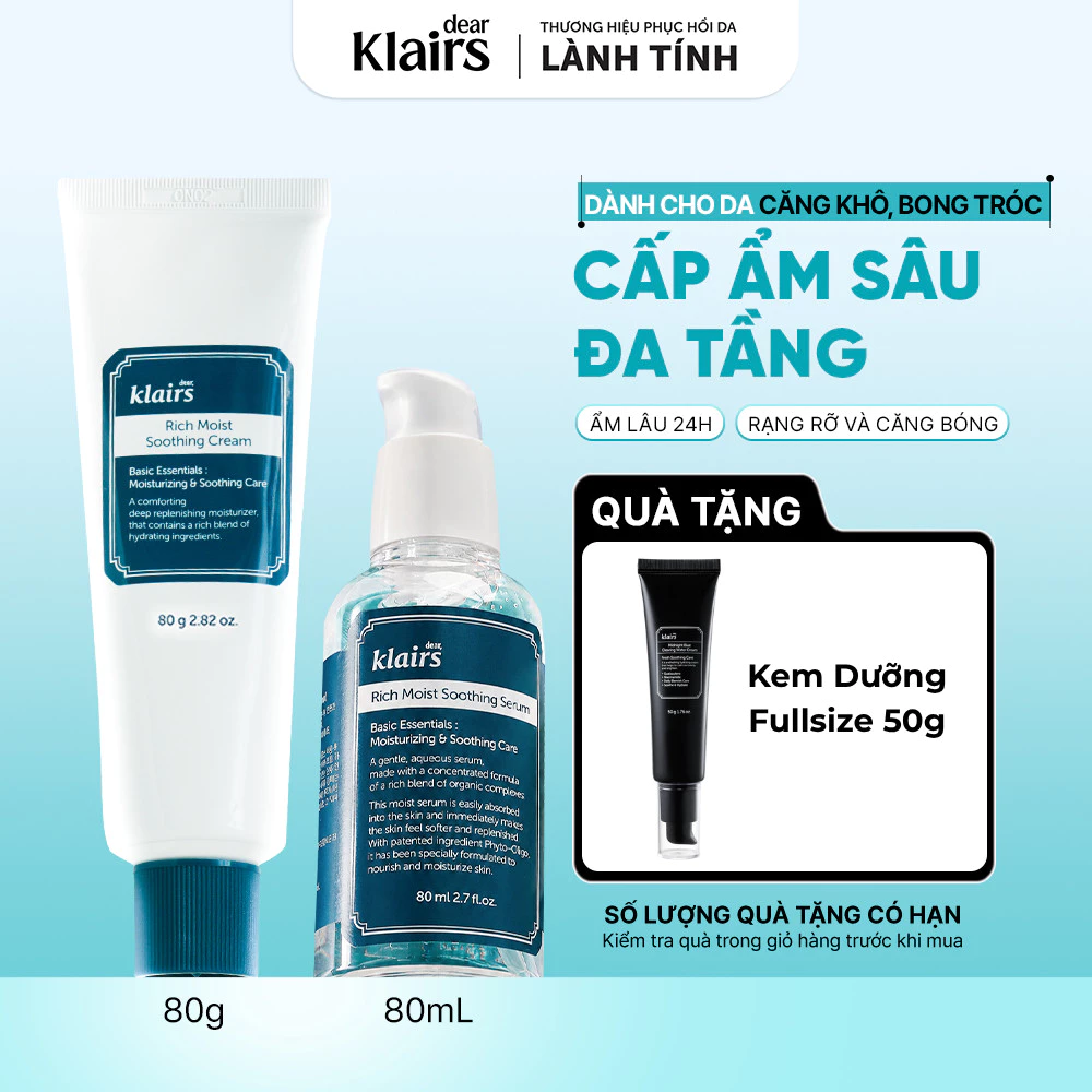 Combo Tinh chất Dear, Klairs Rich Moist Soothing Serum 80ml + Kem dưỡng Dear, Klairs Rich Moist Soothing Cream 80g [FS]