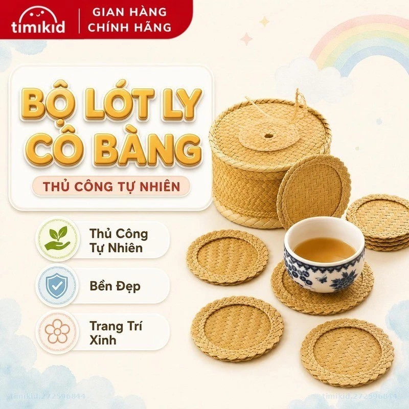 Set 6 Lót Ly Handmade Cỏ Bàng EKOYA Kèm Giỏ Đựng, Thân Thiện Môi Trường