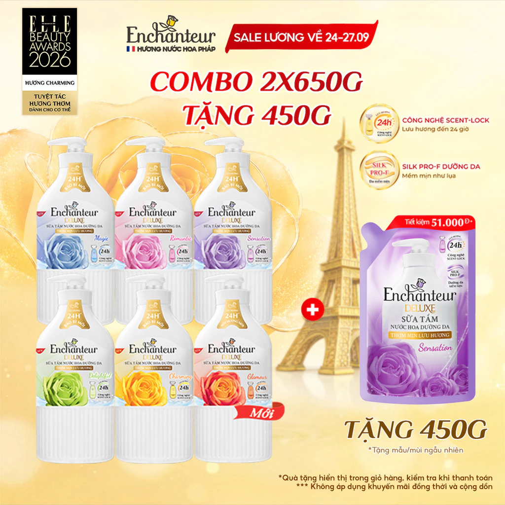 [CẢI TIẾN MỚI] Bộ 2 Sữa tắm hương nước hoa Pháp Enchanteur Deluxe 650g - Mềm mịn như lụa Lưu hương 24H