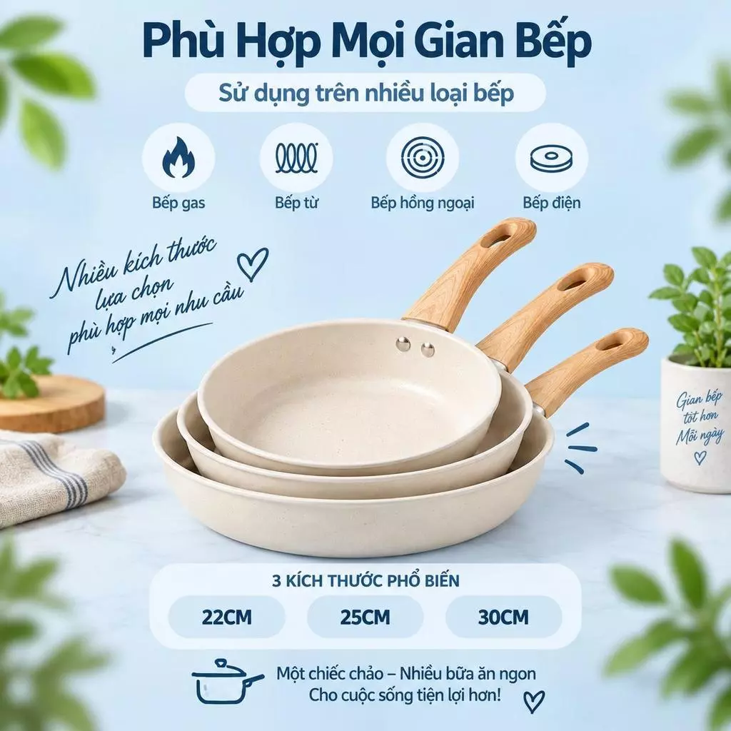Chảo chống dính đá Maifan 22/25/30cm, đa năng cho nhiều loại bếp, ít bám thức ăn, dễ rửa, cán vân gỗ tiện dụng