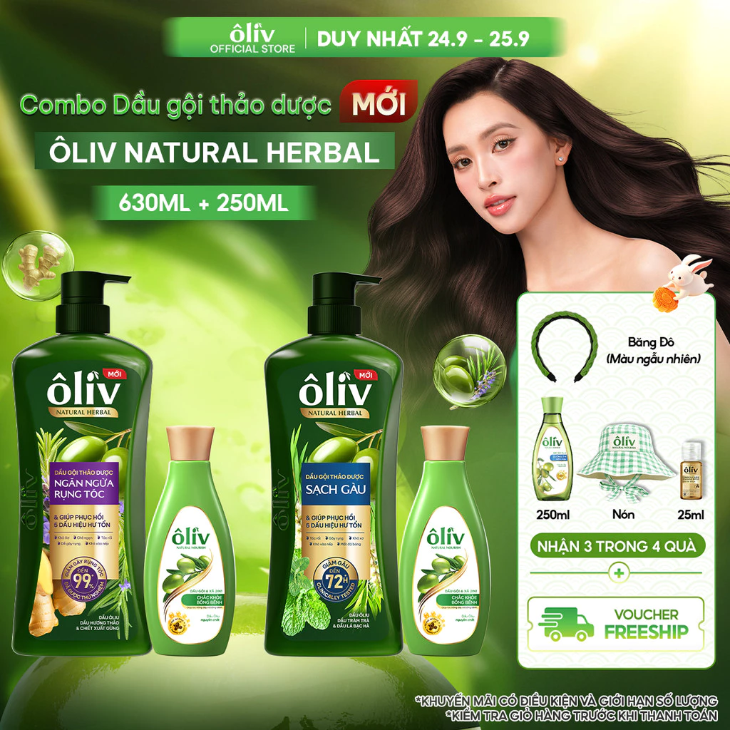 [MỚI RA MẮT] Dầu Gội Thảo Dược Ôliv Natural Herbal Ngăn Gãy Rụng/Sạch Gàu 630ML + Dầu Xả Chắc Khỏe Ngăn Gãy Rụng 250ML