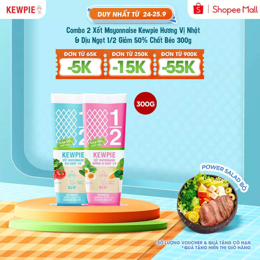 Combo 2 Xốt Mayonnaise Kewpie Hương Vị Nhật & Dịu Ngọt 1/2 Giảm 50% Chất Béo 300g
