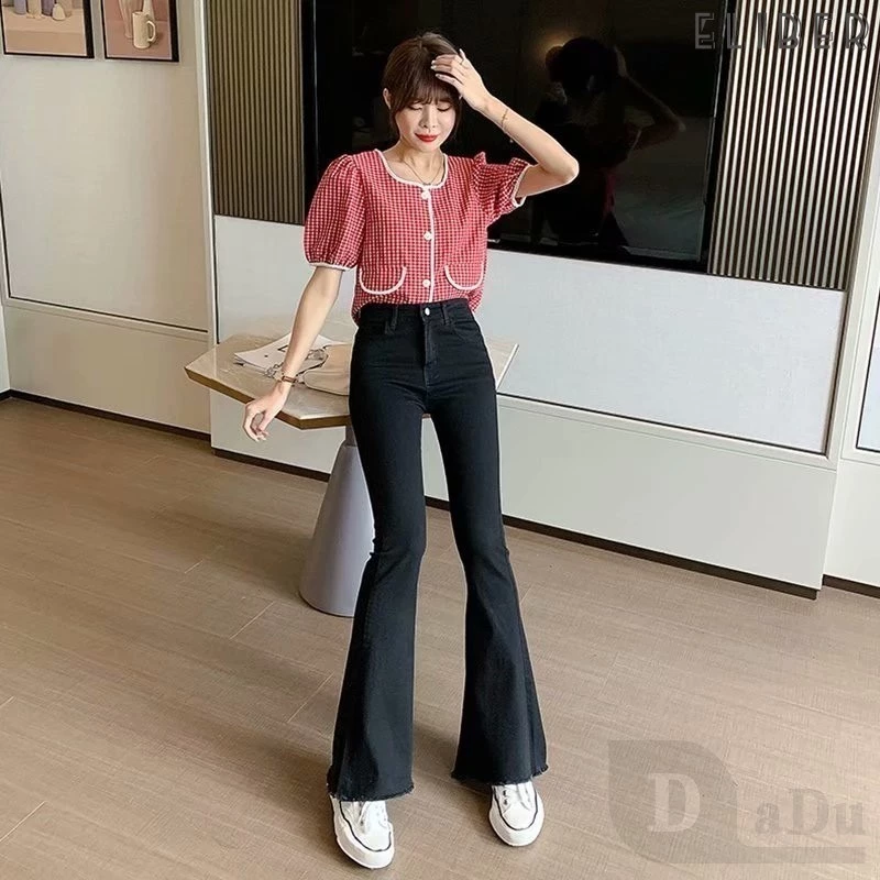 ELIBER Quần jean ống loe Seluar có sẵn cỡ lớn co giãn, quần ống loe mới, quần nữ quần cạp cao cho nữ.