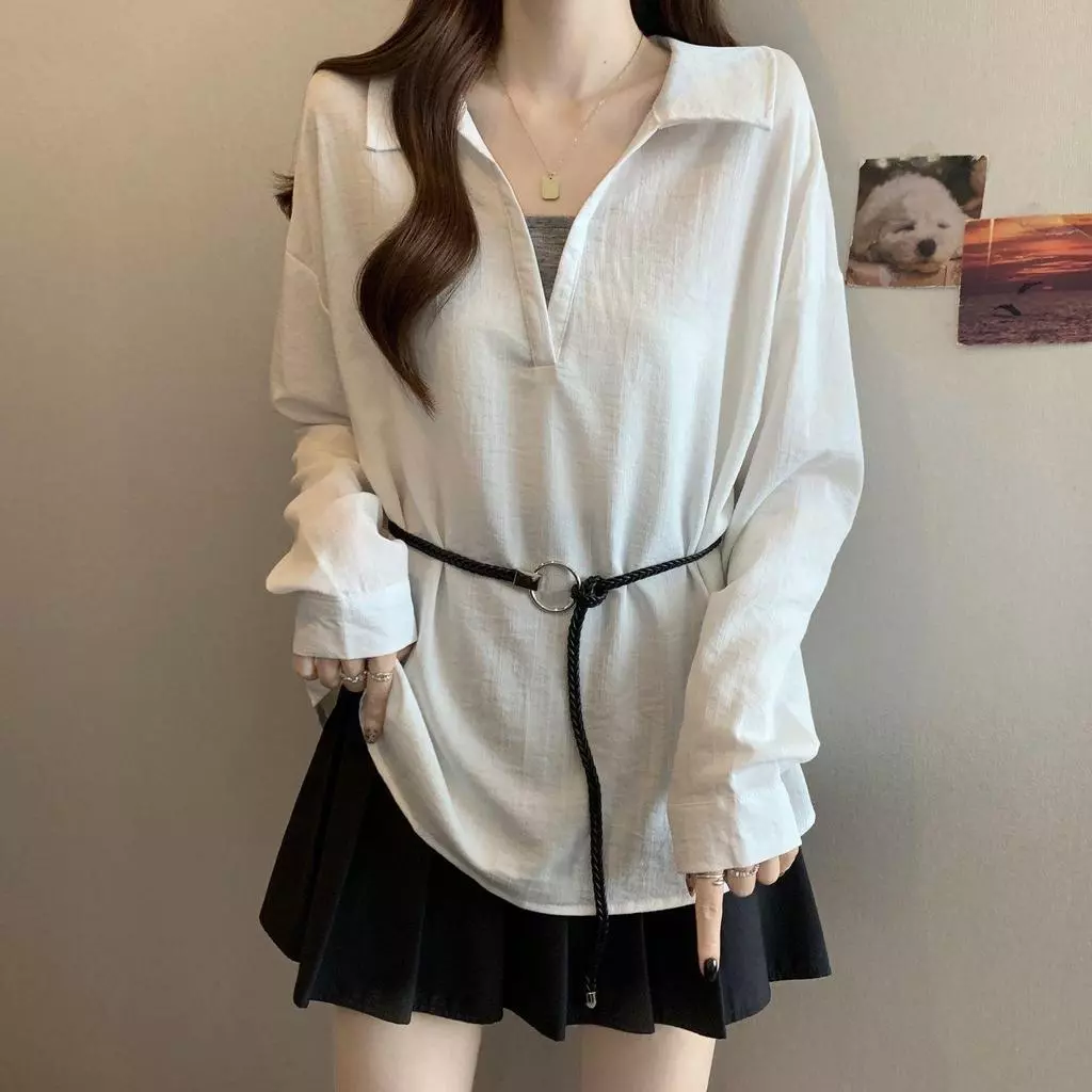 Phụ Nữ Mùa Xuân Thu Plus Kích Thước Rời Thiết Kế Cổ Chữ V Thường Ngày Vai Dài Tay Đế Áo Sơ Mi Top