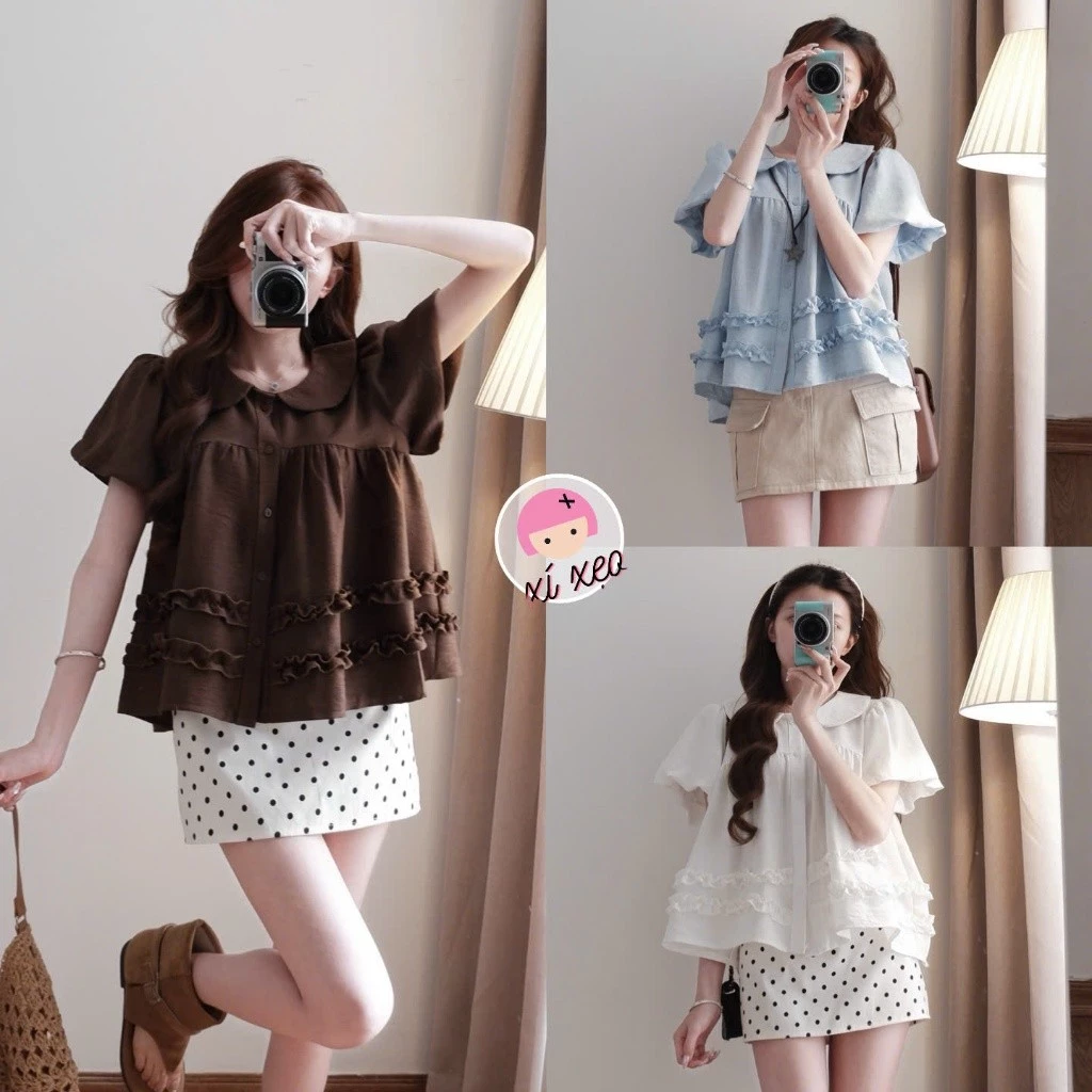 Áo babydoll cổ sen phối bèo xinh tay phồng - A36