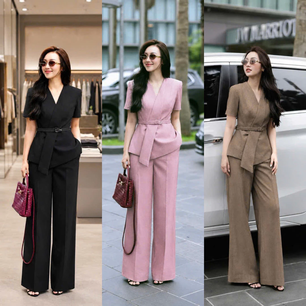 [Mới] Set Vest Nữ Vạt Chéo Tay Ngắn Kèm Dây Nịt Bọc Vải + Quần Tây Suông Đẳng Cấp NY NA STORE