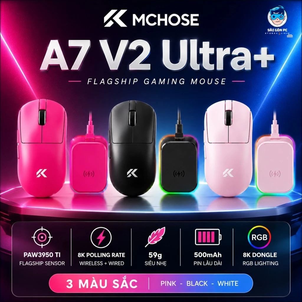 Chuột Gaming Không Dây MCHOSE A7 V2 Ultra Plus - 3 Chế Độ Kết Nối, Chip PAW3950, Polling Rate 8000Hz, 26000 DPI, Độ Trễ