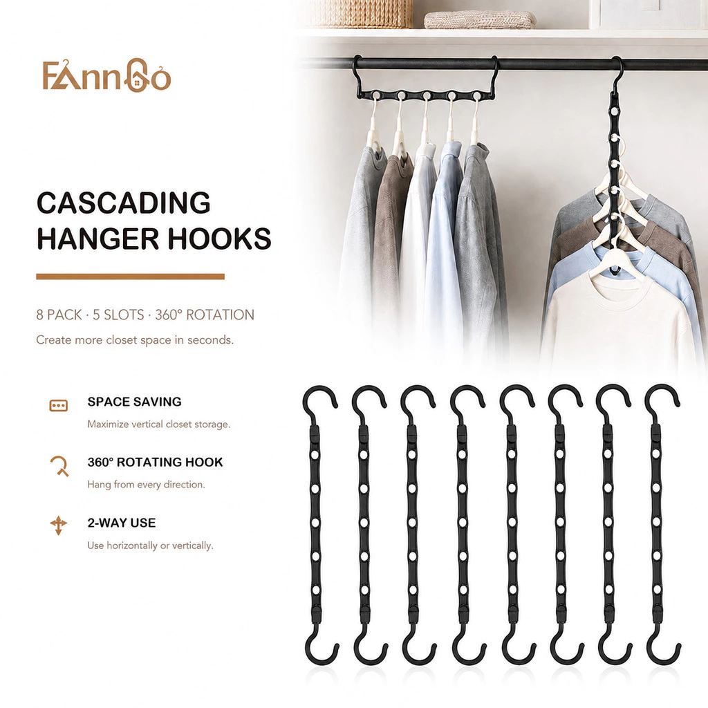 Bộ sắp xếp móc treo bao gồm 8 gói FannGo có móc - Móc treo ma thuật tiết kiệm không gian cho tủ quần áo, tối đa hóa lưu trữ dọc cho áo sơ mi, quần, khăn quàng cổ​
