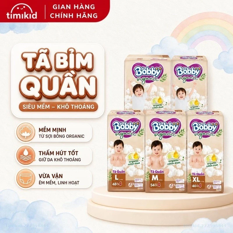 Tã Bỉm Quần Bobby Organic Ngày Siêu Mềm Khô Thoáng Cho Bé Size M58 L52 XL50 XXL46 XXXL35
