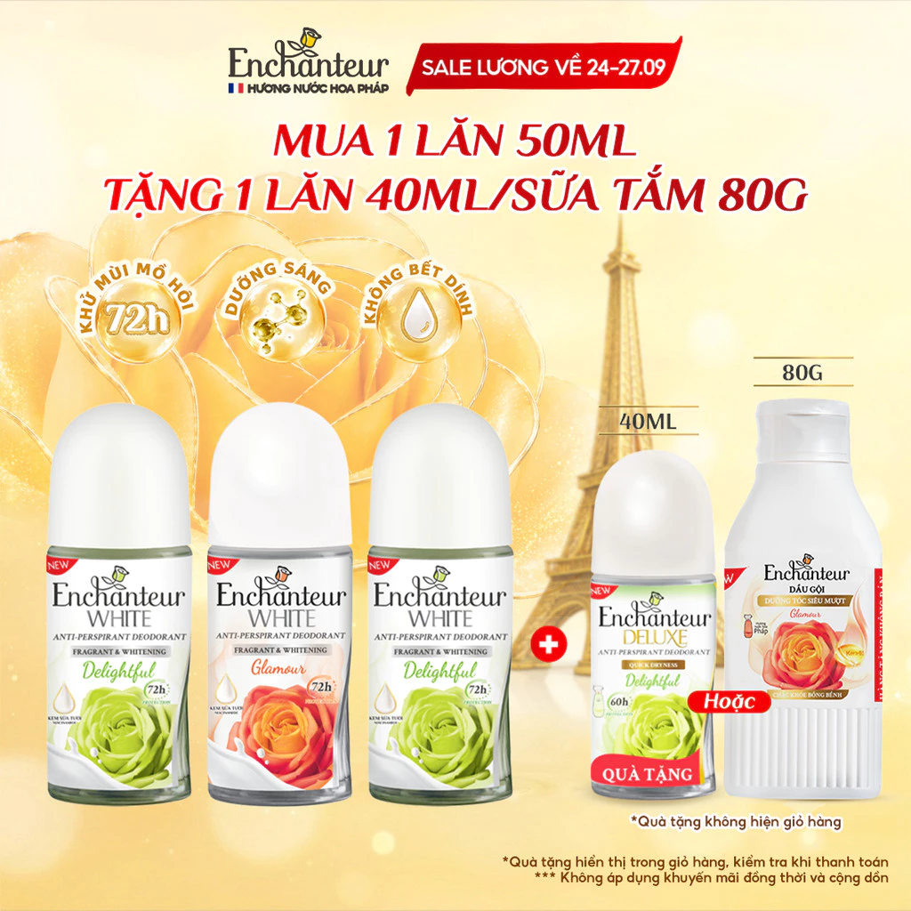 [TẶNG LĂN 40ML HOẶC SỮA TẮM 80G] Lăn Khử Mùi Enchanteur Deluxe/White Hương Nước Hoa Pháp 50ml
