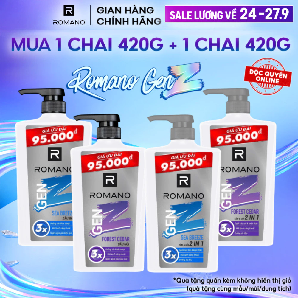 [ĐỘC QUYỀN ONLINE] Tắm gội 2in1 / Dầu gội cho nam Romano Gen Z (420g x 2) (Tặng mùi hương như hình)