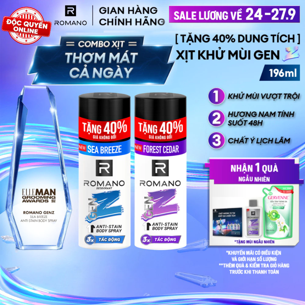 [Tặng 40% dung tích] Xịt khử mùi cho nam ngăn vệt ố vàng Romano Gen Z 196ml